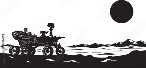 Black silhouette rover, lunar landscape, robotic vehicle, space exploration
