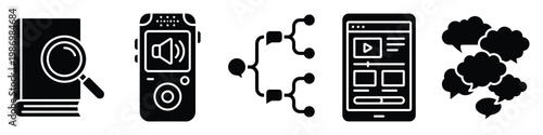 Simple black icons for research, audio content, structured data, mobile video, and online communication use.
