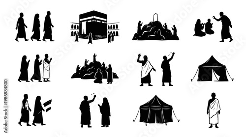 Set of black glyph icons for Hajj and Eid Al-Adha pilgrimage with Kaaba tawaf ritual, Mina tents, Mount Arafat, Jamarat stoning, and various pilgrim figures in Ihram, vector illustration collection.