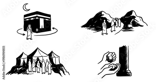 Hand drawn sketch hajj vector collection for eid al adha greeting card design featuring pilgrims performing tawaf around kaaba, mina tents, walking steps, and stoning jamarat.