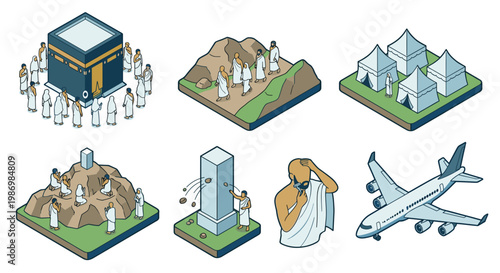 Isometric islamic pilgrimage hajj vector set for eid al adha illustration featuring kaaba, mina tents, mount arafat, jamarat stoning, ihram clothing and airplane travel icons.