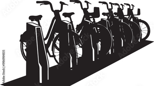 Black bicycle silhouettes, bike rack icons, cycling symbols, urban transportation graphics