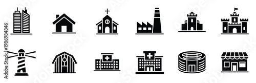 Diverse building and architectural structure glyph icons suitable for maps infographics and user interfaces