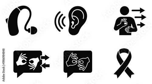 Essential icons for deaf communication, hearing impairment, sign language, and accessibility.