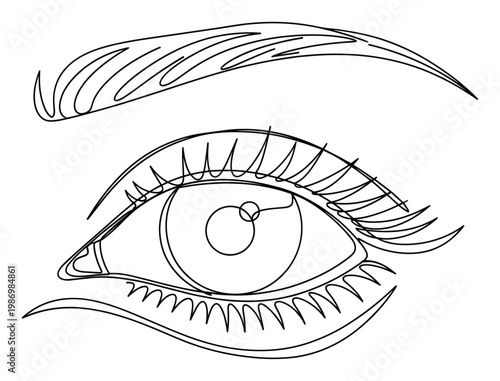 Elegant single line drawing of an eye and brow capturing simplicity for branding, medical, or optical purposes