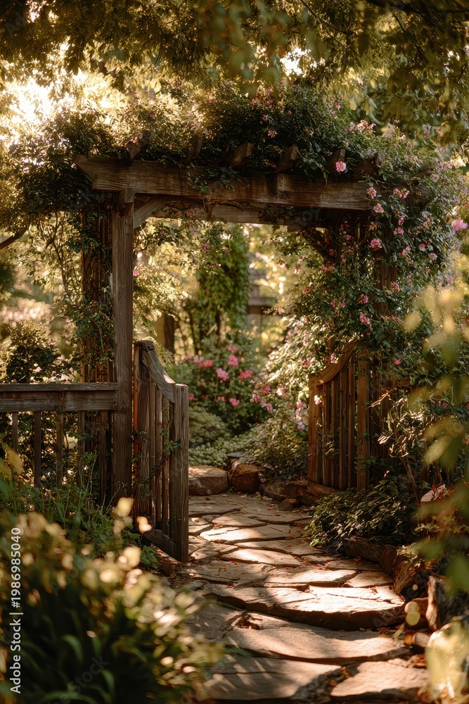 Naklejka premium Sunlit arbor with climbing roses and greenery along a stone pathway