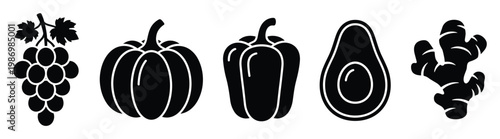 Various fresh produce icons of grapes pumpkin bell pepper avocado and ginger for healthy diet applications