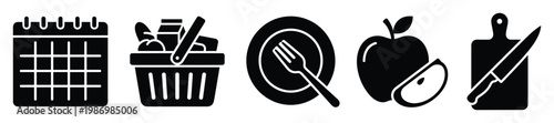 Food preparation and grocery shopping icons with meal planning for kitchen and healthy lifestyle applications