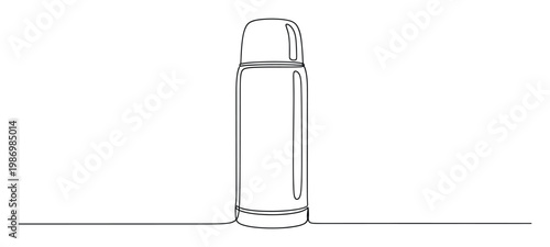 Minimalist oneline continuous drawing of a modern cylindrical insulated thermos bottle for hot or cold beverages for various design projects