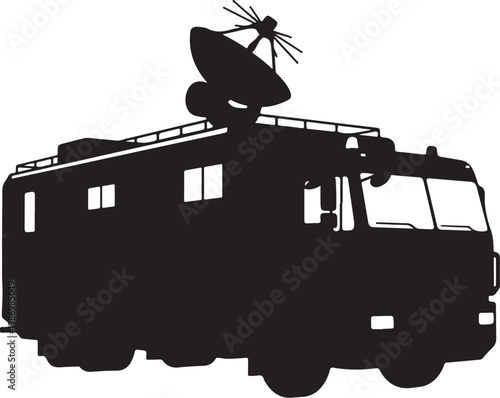Black silhouette satellite truck, communication vehicle, broadcasting car, mobile antenna
