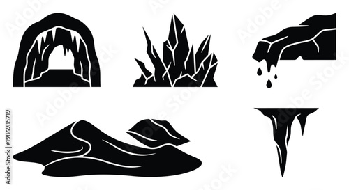 Distinct natural forms including a cave entrance, sharp crystals, mountain range, dripping water, and icicle for map making.