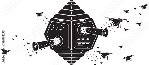 Black and white spaceship, futuristic vector illustration, sci-fi symbol, insect invasion