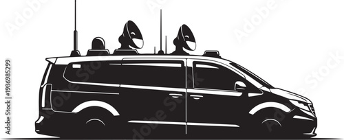Black van, vehicle silhouette, side view, with roof equipment, antenna