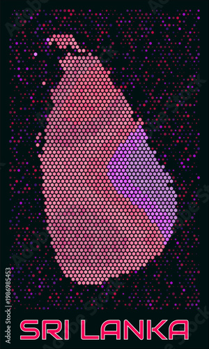 Sri Lanka digital style hexagon map. Vibrant magenta purple pink neon dotted shape. Country tiny bright hexagon cells. Sri Lanka honeycomb map design. Vibrant Vector Illustration.