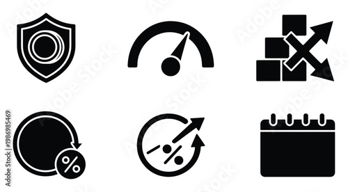 Core business and finance glyph icons for security, performance, and data management applications