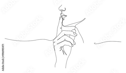 Continuous line drawing of a person making a quiet gesture with a finger to the lips to represent privacy and secrecy