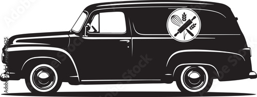 Black van silhouette, delivery truck vector, food delivery icon, kitchen utensils logo