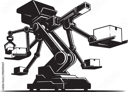 Industrial robotic arm, mechanical assembly line, factory automation, black and white vector