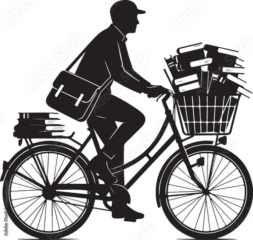 Black, bicycle delivery man, messenger, courier, vector icon