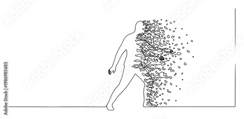Continuous line representation of a person experiencing mental dissolution and fading, symbolizing psychological challenges for selfreflection visuals and wellness content.
