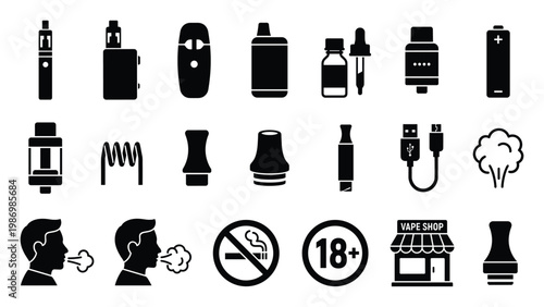 Vaping electronic cigarette icons for eliquid, components, human use, and age restriction warnings