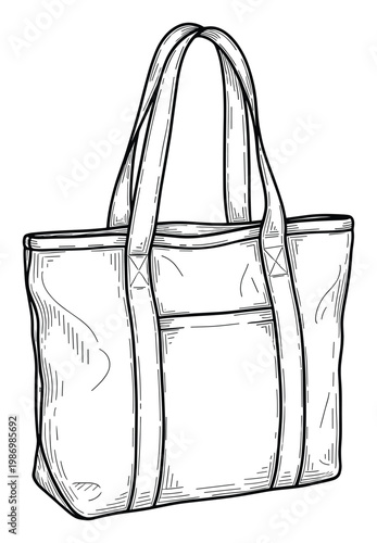 Detailed line drawing of a versatile fabric tote bag with handles and a front pocket useful for daily activities
