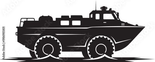 Amphibious vehicle, military boat, black silhouette, vector illustration, transport, off-road, watercraft