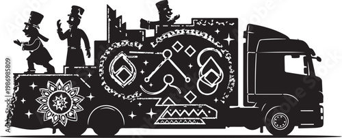 Steampunk truck, steampunk vehicle, black silhouette, decorative design, vector illustration