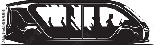 Black minivan silhouette, side view, people inside, vehicle icon, transportation illustration