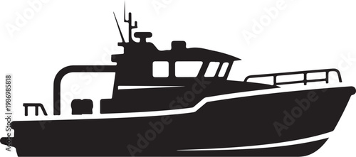 Black boat silhouette, vector fishing boat, nautical icon, white background