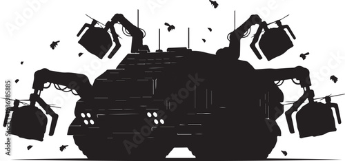 Industrial robotic arms, heavy machinery, mechanical silhouette, factory automation vector