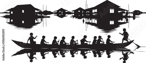 Black silhouette, rowing boat, people paddling, water village, stilt houses