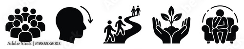Group interaction, personal growth journey, sustainable development, and mental wellness icons for business presentations.