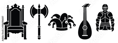 Various historical icons from the Middle Ages such as a royal chair, battle weapon, fools hat, string instrument, and warrior suit suitable for educational graphics