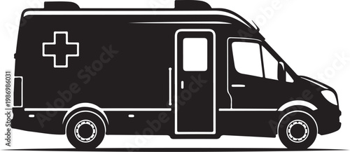 Black ambulance vector icon, emergency medical vehicle, paramedic transport, silhouette illustration
