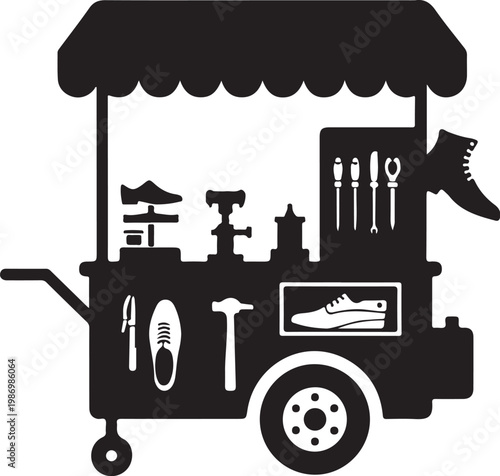 Black shoe repair cart vector, shoe shine stand, cobbler tools, mobile service icon