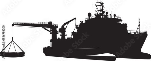 Industrial cargo ship, vessel silhouette, crane loading cargo, maritime transport