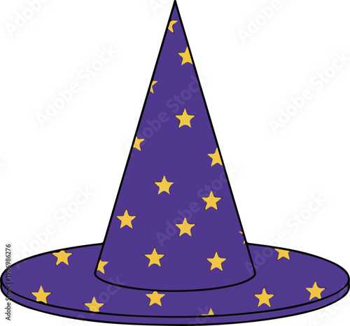 Minimal cartoon wizard hat illustration with purple cone and yellow stars flat design isolated on white background