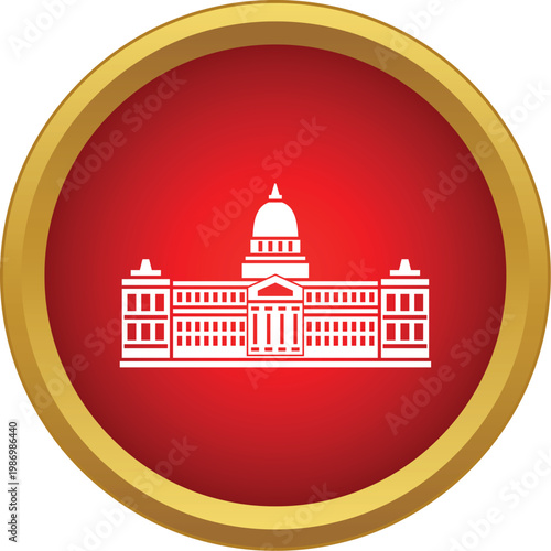 Capitol building icon in a red circle representing american politics and legislation