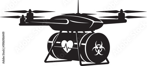 Black drone with biohazard symbols, medical drone, hazardous drone, vector illustration