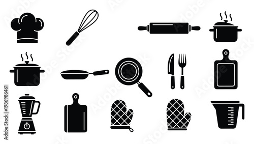 Essential kitchen utensils and cooking equipment icons for culinary projects and food preparation guides