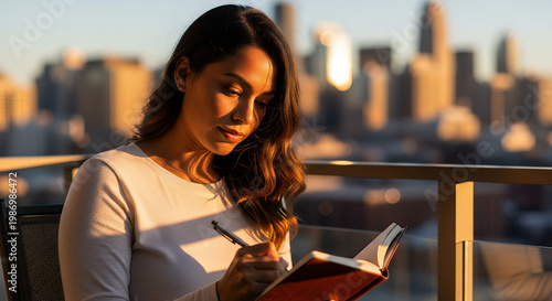 Young woman writing in a journal at sunset overlooking a city skyline