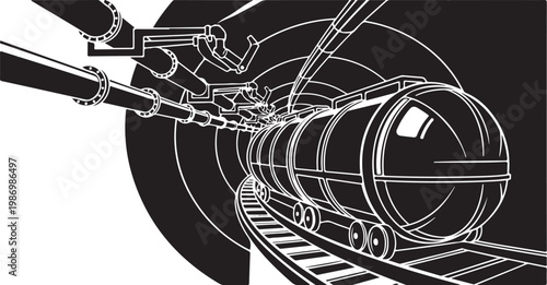 Industrial robotic arm welding train, metal fabrication, black and white vector, robotic manufacturing, industrial automation