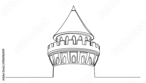 Continuous single line drawing of an ancient castle tower with conical roof for historical architecture and fairy tale themes
