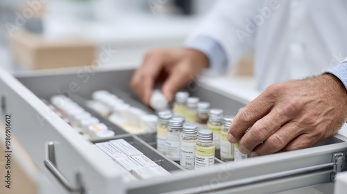 Pharmacist organizing small vials and boxes of medication in a drawer