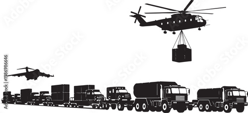 Military logistics, cargo transport, helicopter supply drop, truck convoy