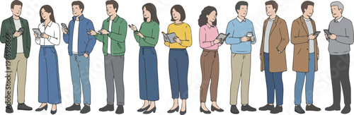 Minimal flat illustration of people standing in line using phones and holding items modern casual characters isolated on white background