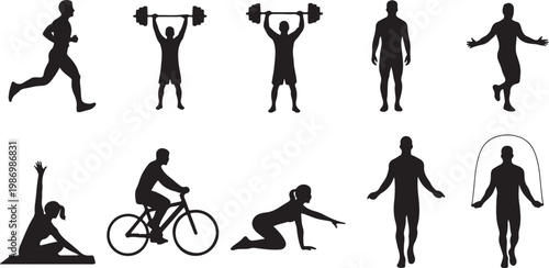 Black silhouette fitness icons, athletic vector graphics, sports symbols, exercise clip art