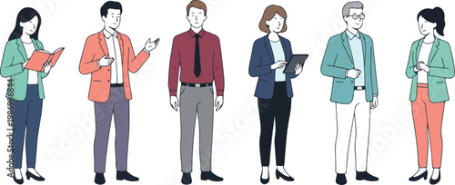 Minimal flat illustration of six diverse business professionals standing in line corporate team with folders and tablets vector style