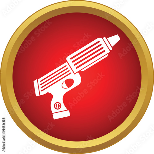 White retro futuristic space blaster icon in red circle with gold border